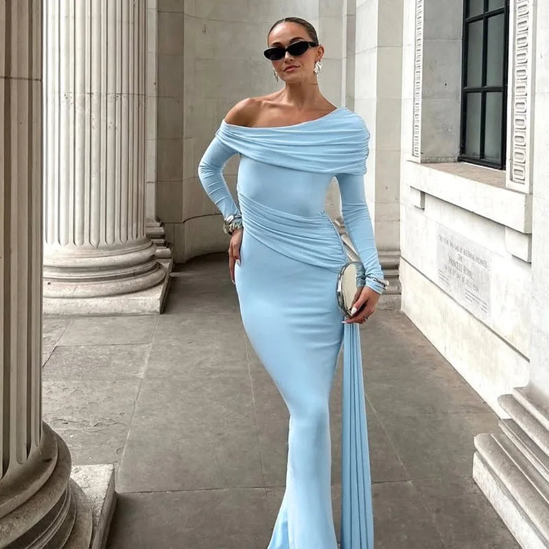 Cryptographic Elegant Asymmetrical Ruched Maxi Dress Party Club Outfits for Women Long Sleeve Sexy Bodycon Maxi Dresses Gown