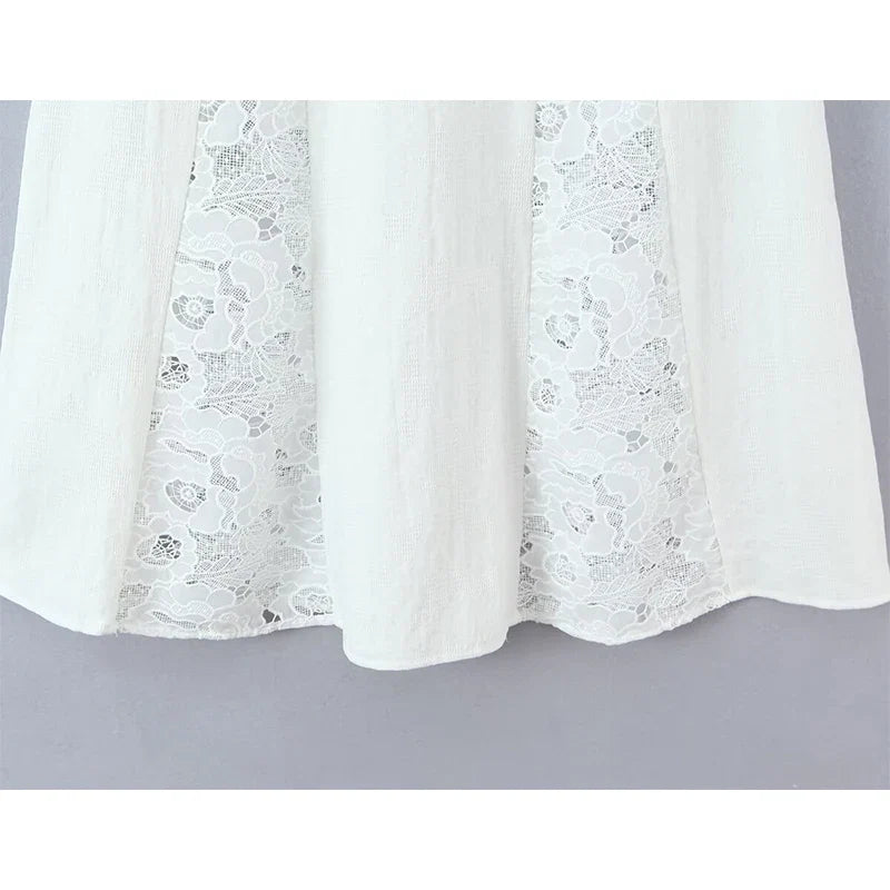 YENKYE New 2026 Lace Patchwork White Long Skirt Women High Waist A-line Holiday Summer Skirts