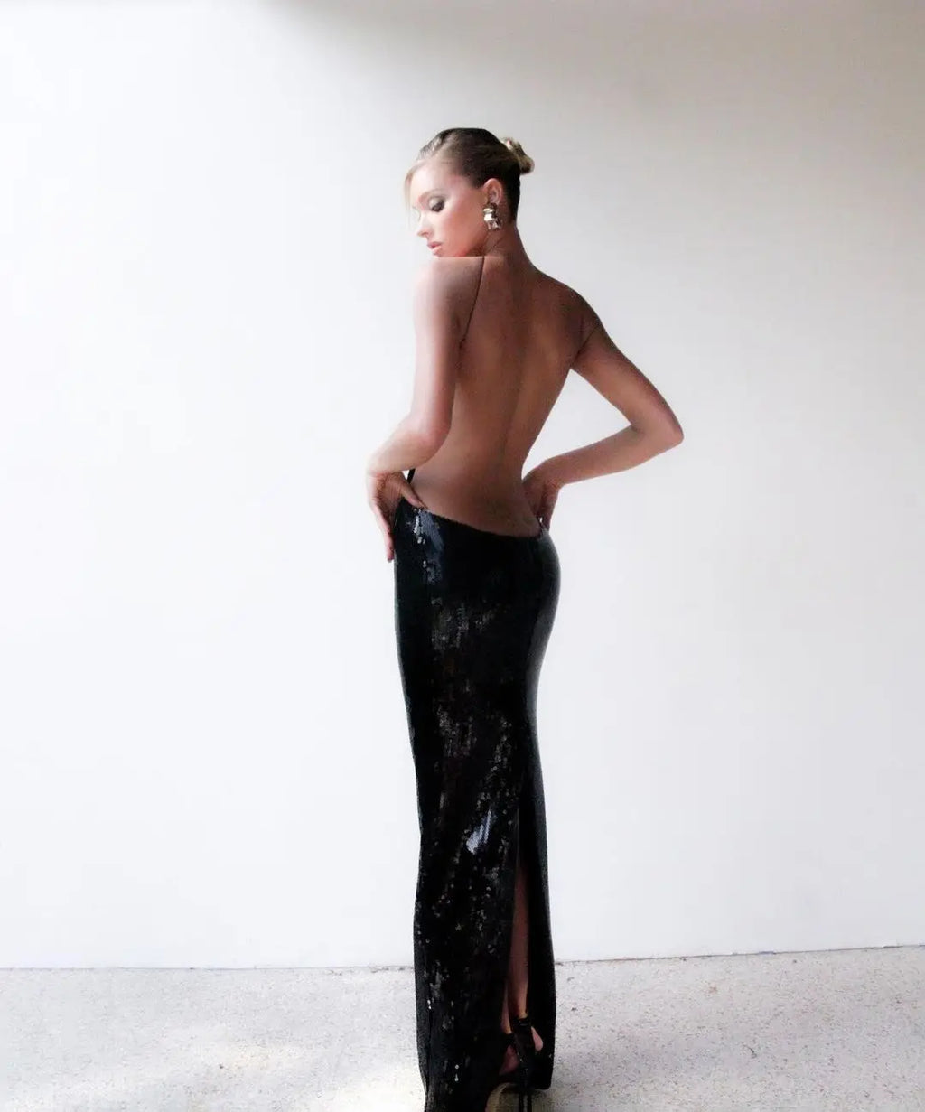 VC Women'S Gold Sequins Luxury Party Gown Sexy Backless  Long Dress For Wedding Banquet Party Female Clothing