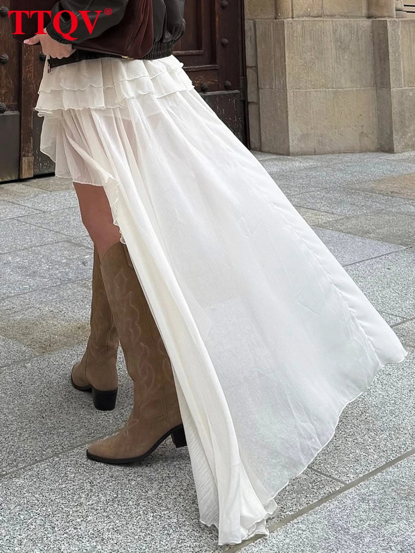 TTQV Casual Apricot Loose Skirts For Women Fashion High Waisted Pleated Skirts Elegant Thin Floor-Length Skirt Female Clothing
