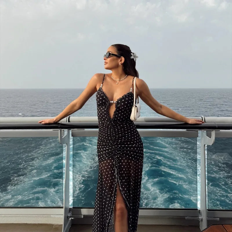 Cryptographic Summer Boho Polka Dot Split Ruched Dress Holiday Outfits for Women Sexy V Neck Backless Slip Mesh Dresses Clothes