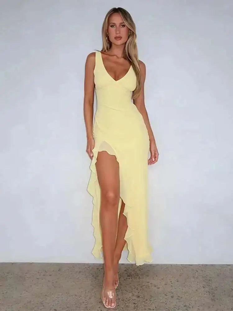 Avrilyaan Ruffle High Split Sexy Dress Women 2024 Robes Elegant Evening Summer Dress Backless Party Long Midi Dress Vestidos