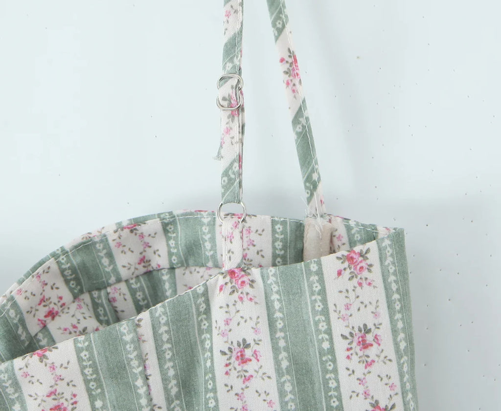 YENKYE Green Striped Floral Print Sexy Spaghetti Straps Dresses Women Elegant A-line Midi Vacation Party Dresses Summer Robe