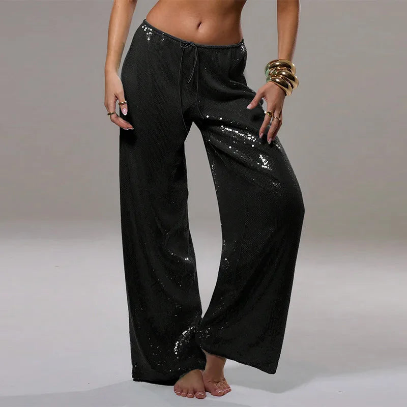 Elegant Sequined Women's Trouser Mid-Waist Lace Up Straight Mop Pants 2026 Summer Autumn Fashion Female All-Match Bottom