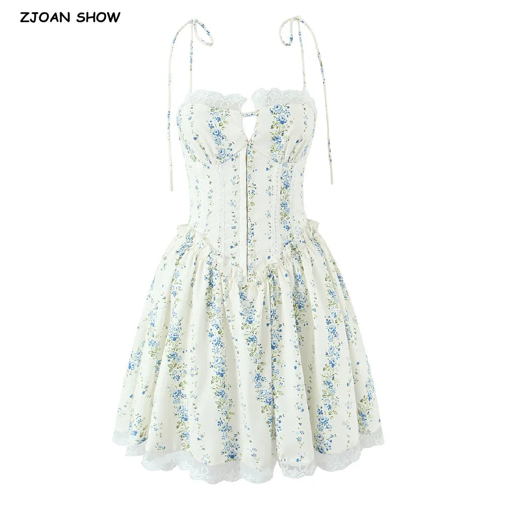 2025 Sexy Floral Print Spliced Lace Collar Corset style Lacing up Sling Dress Women Wood ears Low Waist Swing Mini Dresses Robe