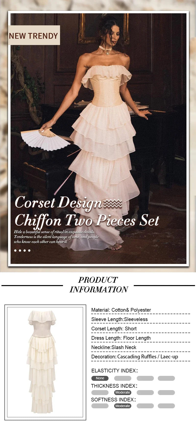 VC Sets For Women 2 Pieces Elegant And Pretty Lace-Up Corset And Slash Neck Long Cake Dress Set Chiffon Female Clothing