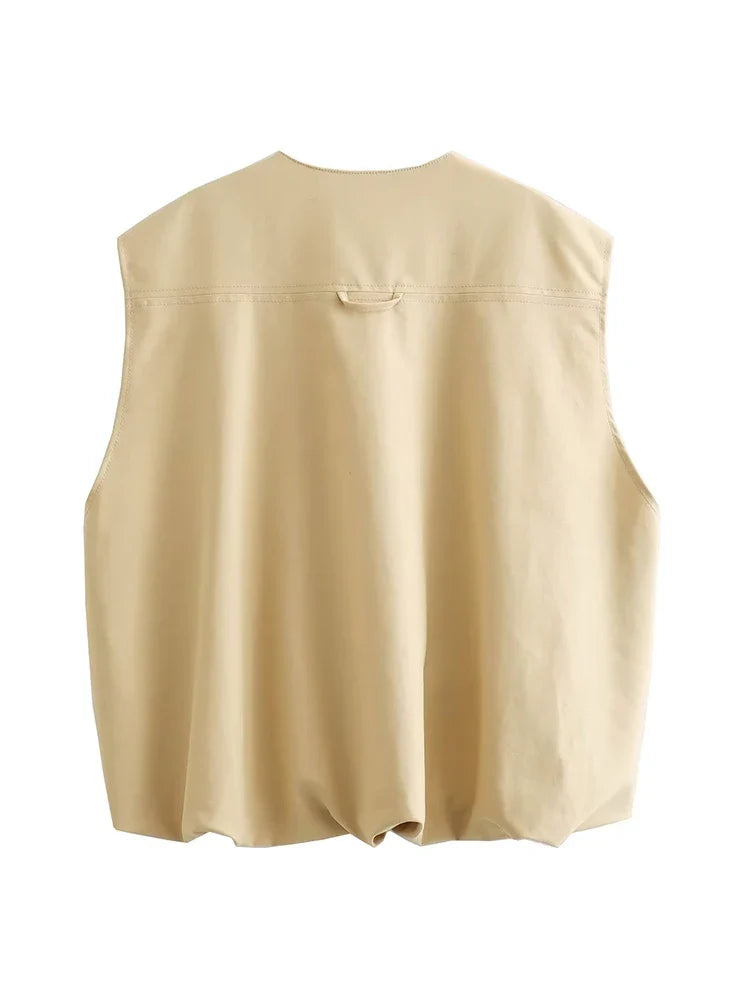 YENKYE New Women Gathered Hem Oversize Vest Round Neck Female Autumn Winter Female Chic Crop Waistcoat