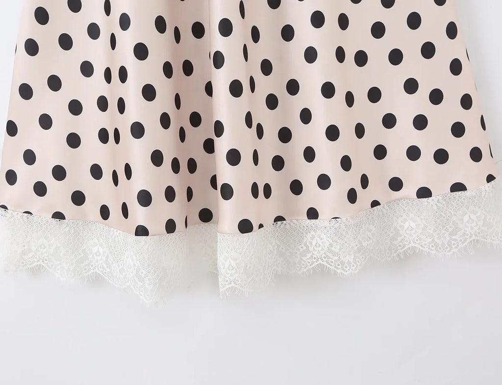 2026 New Women's Polka Dot 2 Piece Outfit V Neck With Scarf Blouse + High Waist Lace Trim Mermaid Maxi Skirt Elegant Vintage Set
