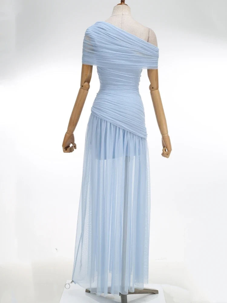 Sexy One Shoulder Ruched Design Long Dress Women Blue Brown Mesh Diagonal Collar Folds Slim Dresses Evening Party Cocktail Gowns