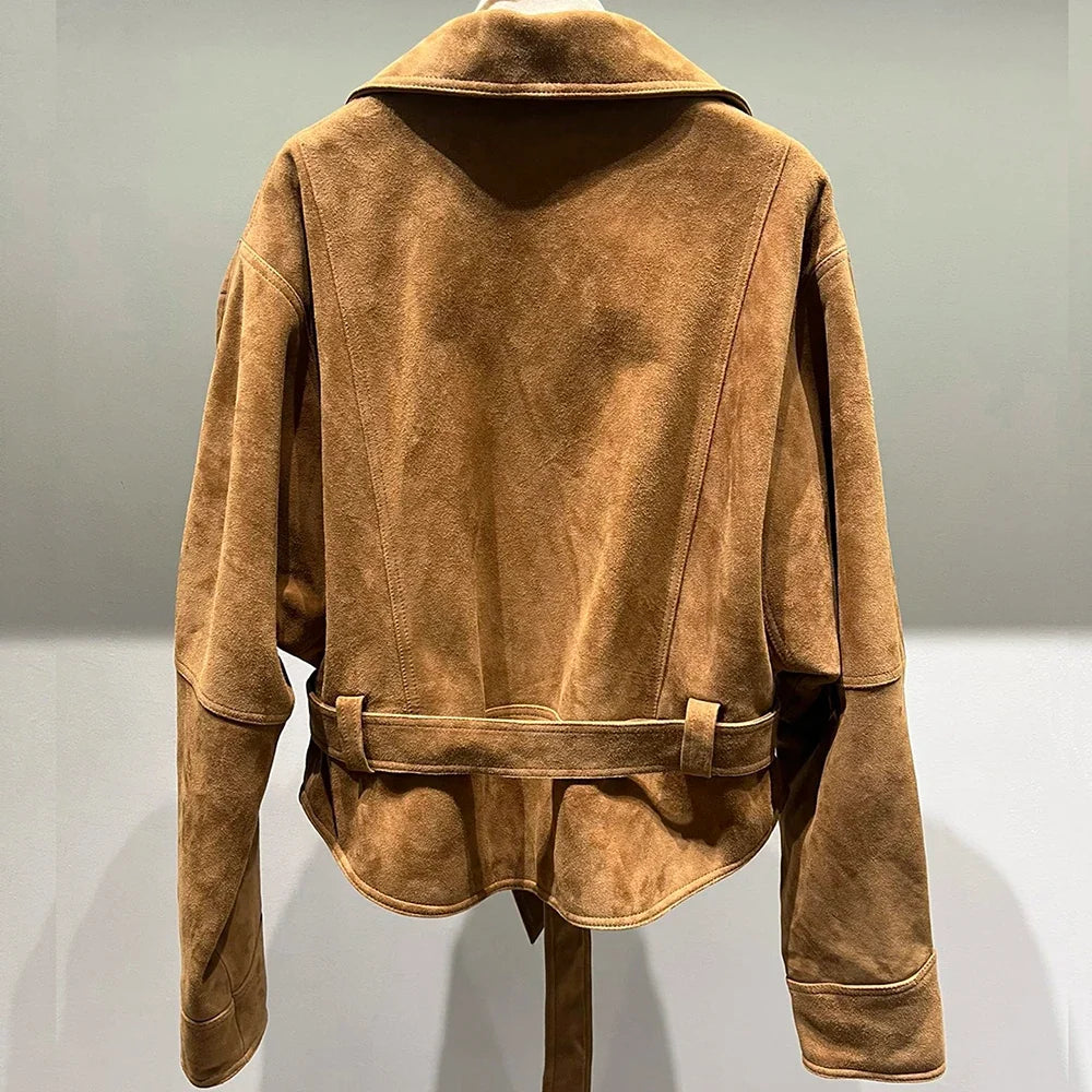 YOLOAgain Single Breasted Vintage Suede Jacket Women With Belt Oversized Real Leather Jacket Female