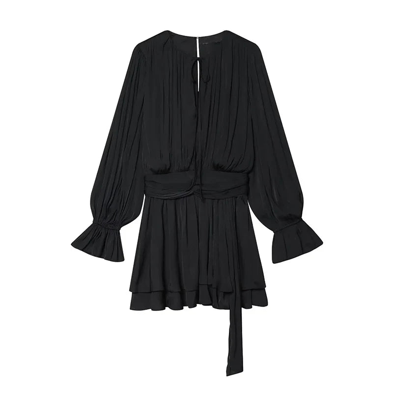 YENKYE New 2026 Women Pleated Satin Mini Dress Long Sleeve Spring Vestidos Casual Outings