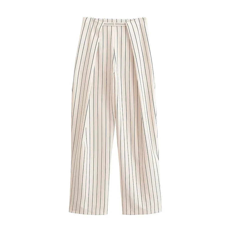 YENKYE 2026 Women Vertical Striped Wide Leg Pants Drawstring Waist Pleated Trousers Casual Loose Fit Pants