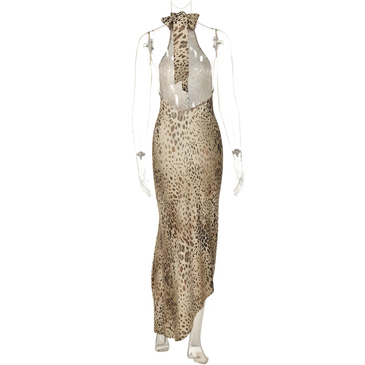 Cryptographic Fashion Halter Leopard Sexy Backless Maxi Dress Women Club Outfits Bandage Embellished Long Dresses Robe Clothes