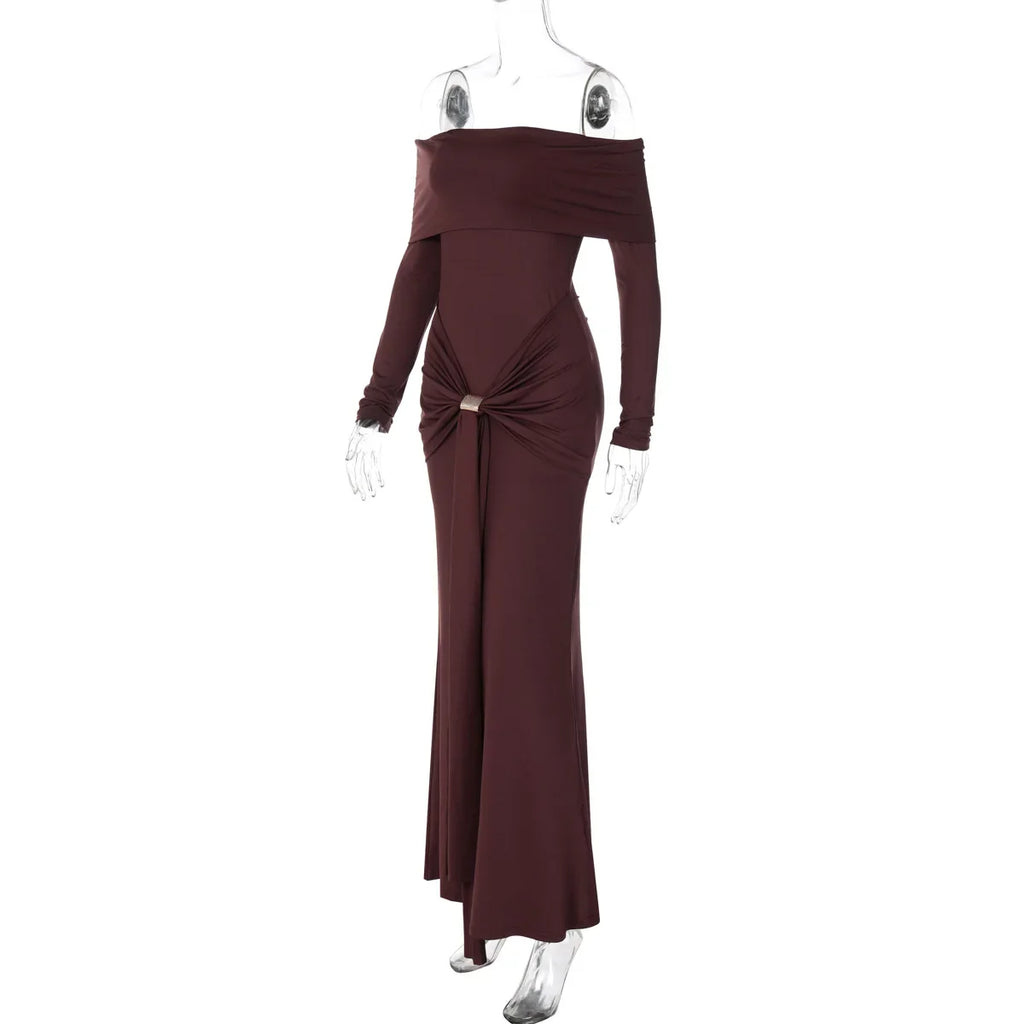 Cryptographic Elegant Off Shoulder Ruched Maxi Dress Women Party Club Outfits Autumn Long Sleeve Bodycon Dresses Gown Clothes