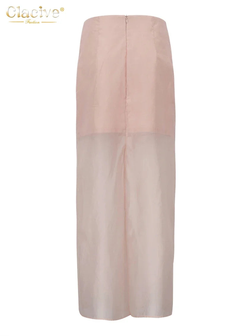Clacive Fashion Loose Balck Women Skirt Casual High Waist Ankle Length Skirts Elegant Classic Mesh Spliced Skirt Female Clothing