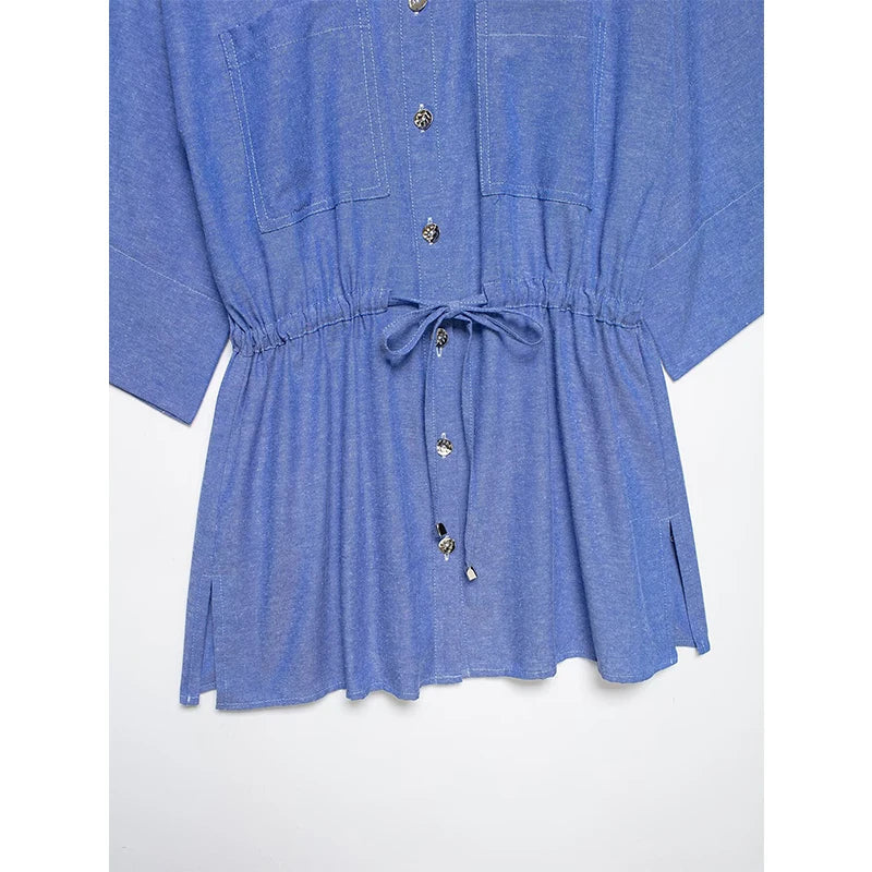 YENKYE New 2026 Women Blue Safari Shirt Front Patch Pockets Adjustable Waist With Tie Casual Long Shirts