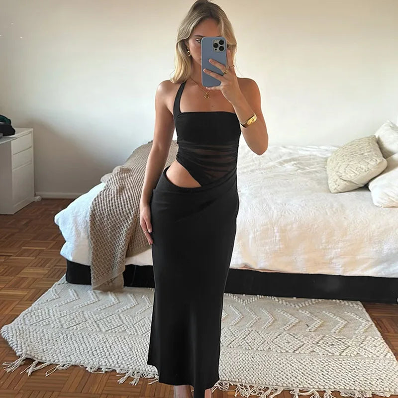 Cryptographic Elegant Halter Sexy Mesh Sheer Cut Out Maxi Dress Club Party Long Dresses Outfits Asymmetrical Ruched Gown Summer