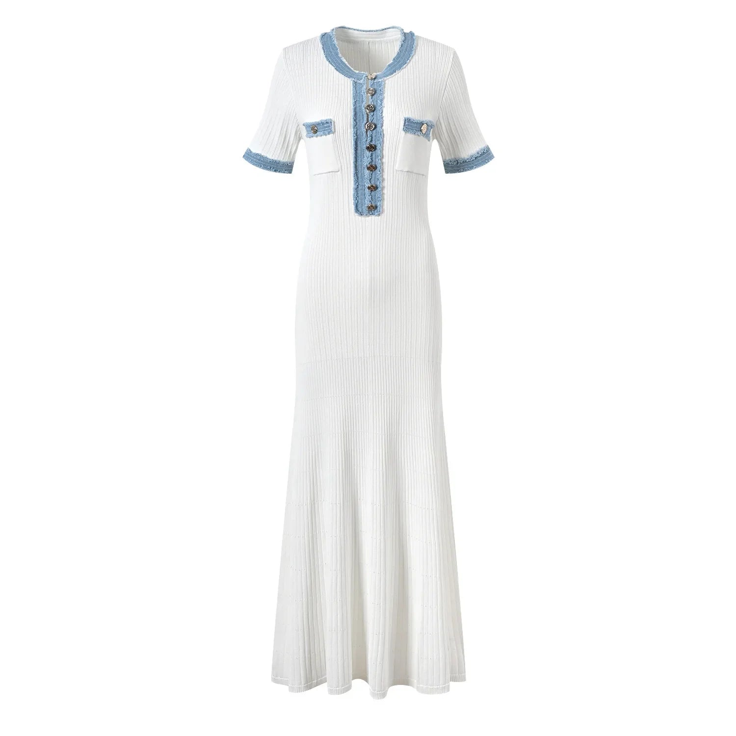 New Arrival O-neckline Women Knitted 2024 Spring Summer Elegant Short Sleeve Bodycon Ladies Fashion Single-breasted Maxi Dresses