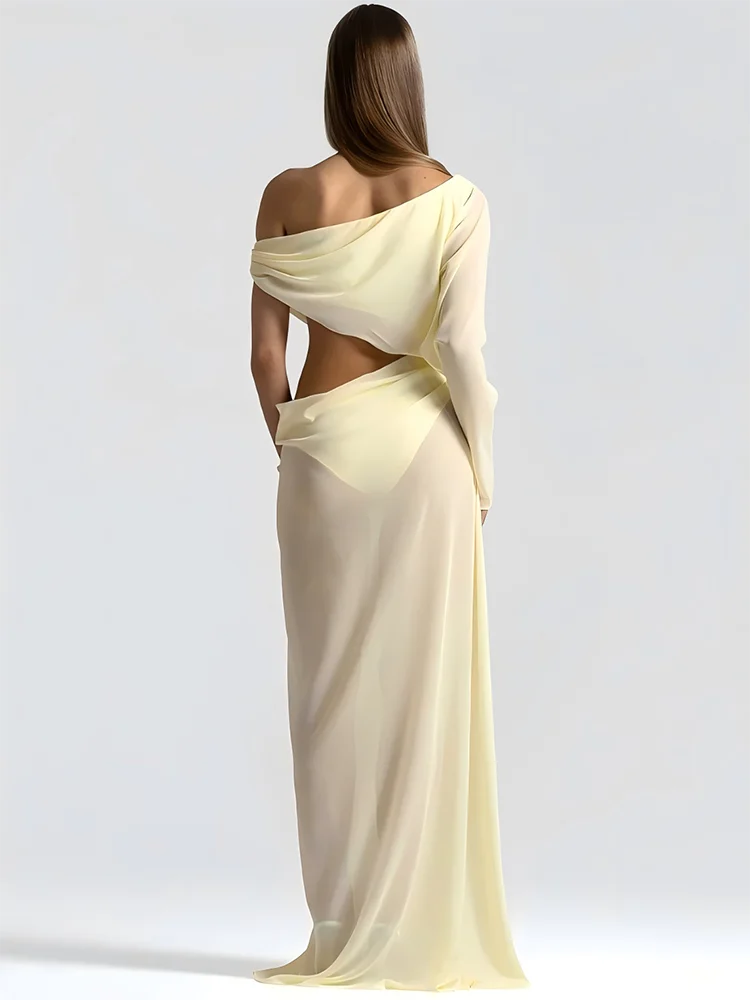 Mozision Off Shoulder Cutout Sexy Maxi Dress Women Elegant Draped Slinky Ruched Bodycon Cocktail Evening Party Dresses Gown