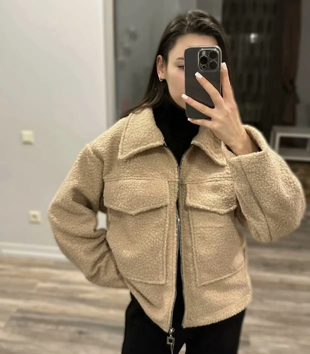 2024 Women's Elegant Solid Coat Zipper Long Sleeve Pocket Bomber Jacket Female Casual Soft Woolen Loose Streetwear Coats