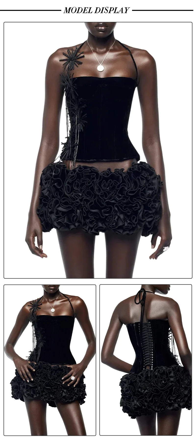 VC Structured Flowers Skirt Two Piece Set Halter Floral Black Red Corset Top With Mini Skirt Lace-up Suit Celebrity Party Wear