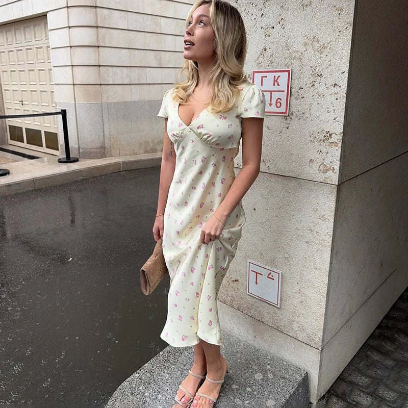 Tuularose Floral Print Long Dress Women's Sexy V Neck Short Sleeve High Waist Dress Female Fashion Casual Vacation Slim Dresses