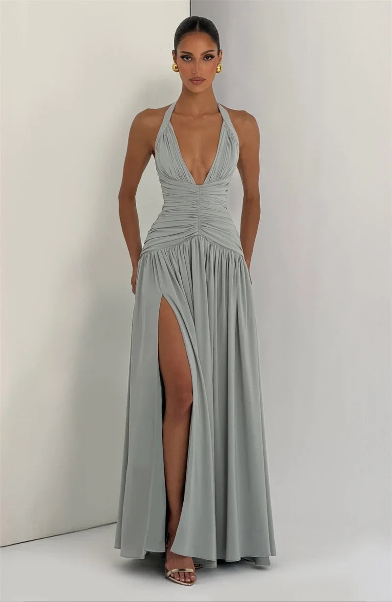 Mozision Halter Deep V Neck Sexy Maxi Dress Women Elegant Off-shoulder Sleeveless High Split Pleated Club Party Long Dress