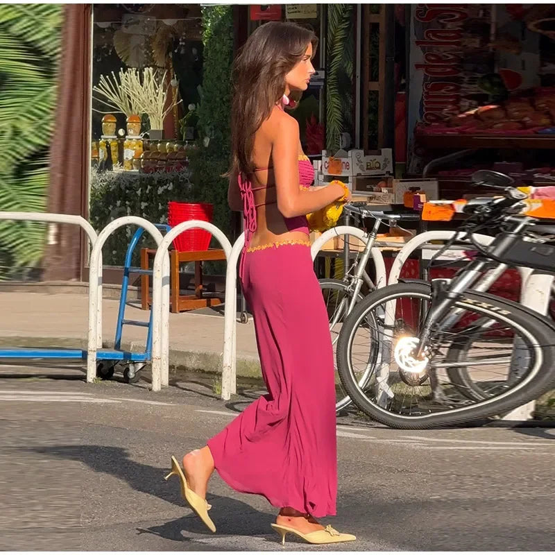 Sexy Sequins Cropped Top Long Skirt Sets Women Sleeveless Backless Lace Up Tank Slim Skirts 2026 Summer Beach Vacation Outfits