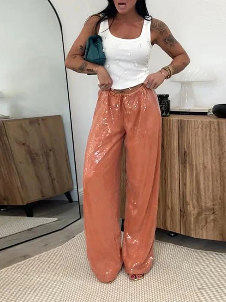 Elegant Sequined Women's Trouser Mid-Waist Lace Up Straight Mop Pants 2026 Summer Autumn Fashion Female All-Match Bottom