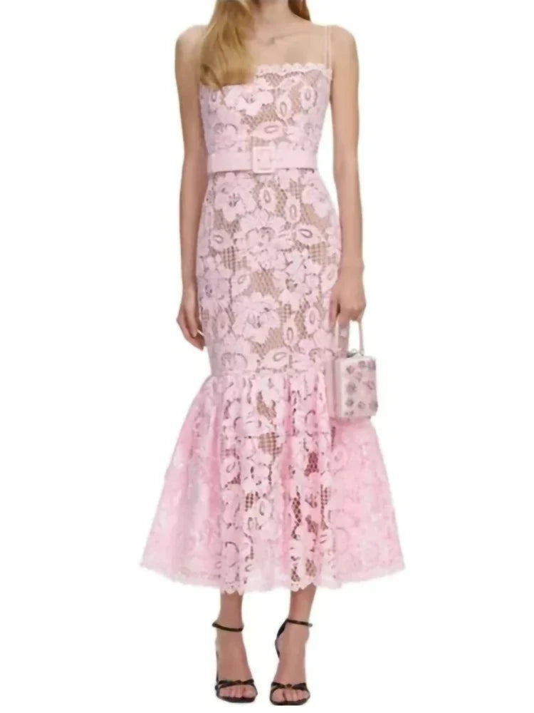 Spring Summer New Fashion Pink Water-soluble Lace Slip Dress Women Temperament slim Sleeveless Robe With Belt Ladies 2026