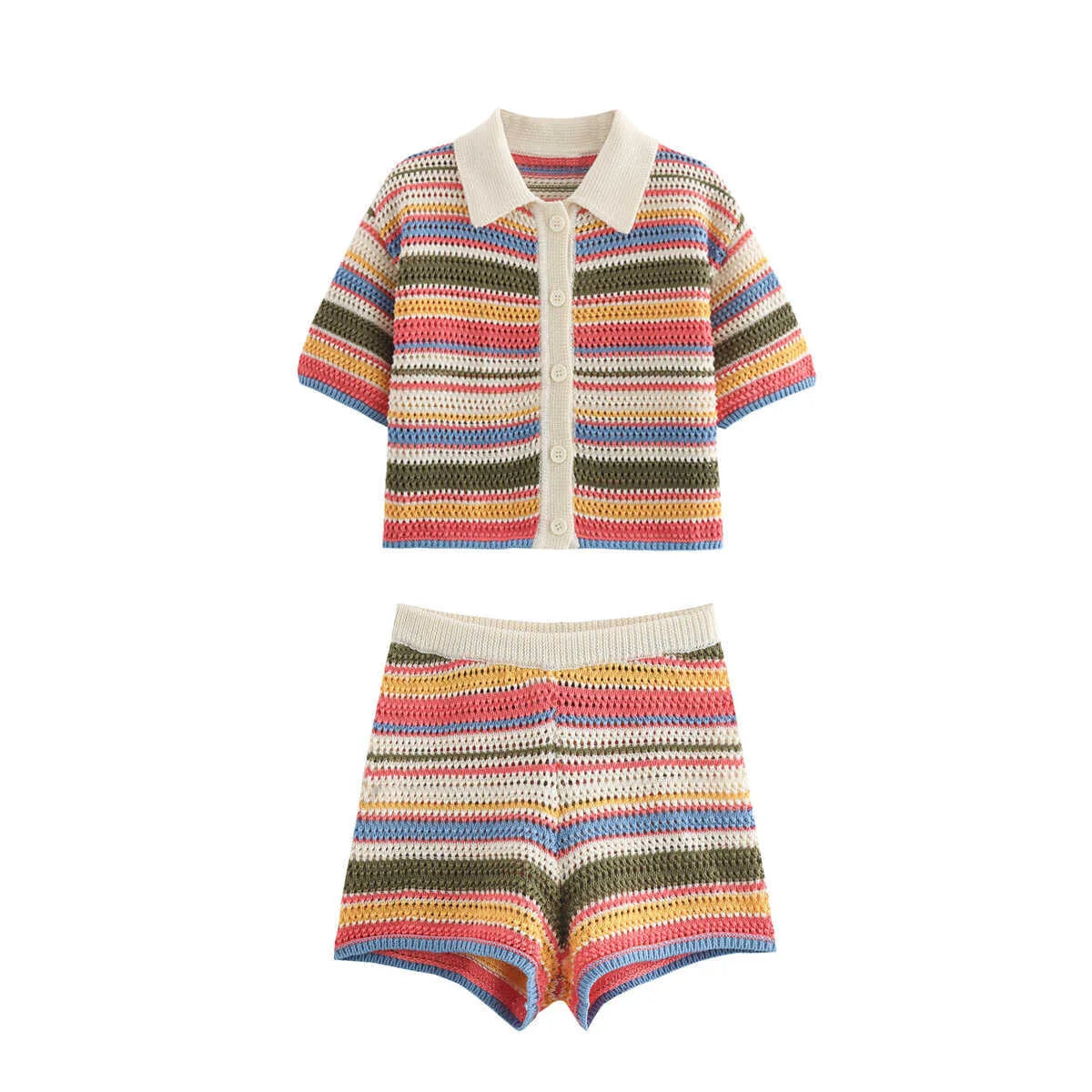 Women Patchwork Striped Hollow Out Crochet Knitted Crop Sweater Shorts Set Short Sleeve Polo Collar Sweater Knit Shorts Suit Y2K