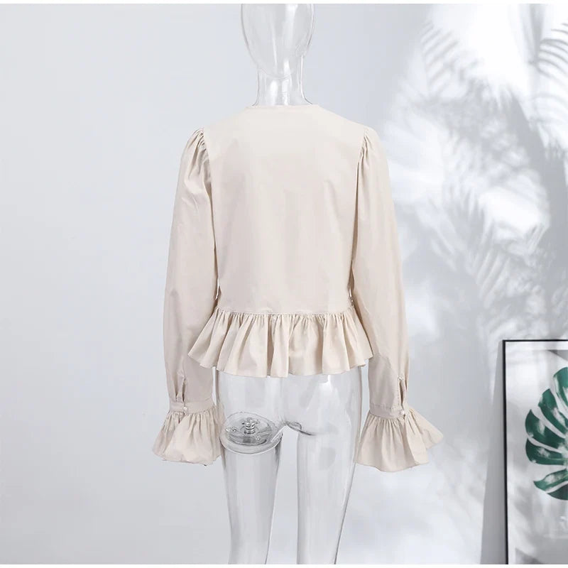 Fashion Street Ruffle Women's Blouse Solid Single Breasted Full Sleeve Pleated Cropped Shirt Lady New Casual Spring Clothing