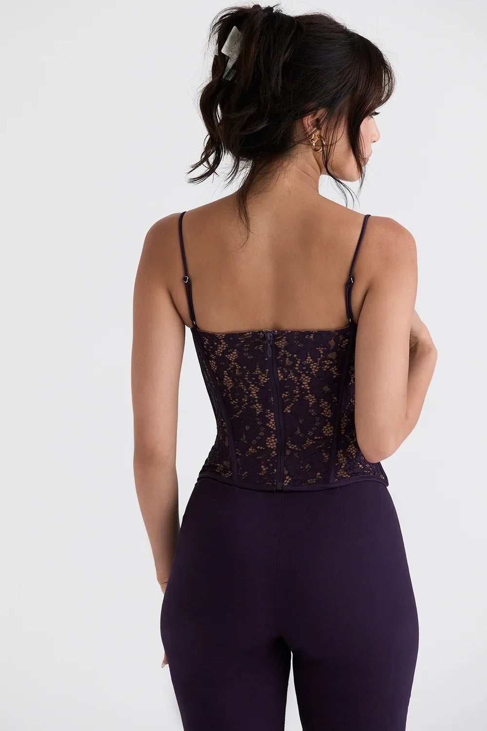 Suninheart Summer Purple Lace Corset Top Short Strappy Bustier Top Bodycon Cropped Top Club Party Clubwear Women
