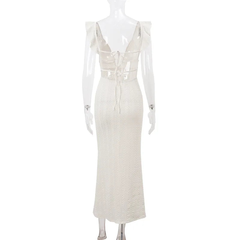 Apricot Hollow Out Maxi Dress Women Sexy See Through Backless Slim Beach Dress Summer Fashion Ruffle Holiday Party Dress 2024