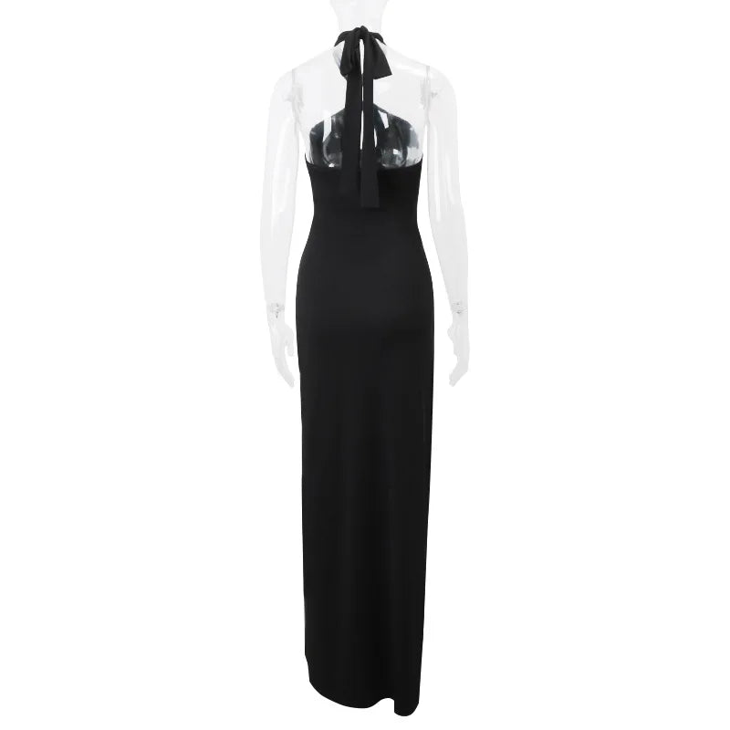 Cryptographic Summer Elegant Backless Halter Black Dress Party Club Outfits Women Sexy Maxi Dresses Gown Vestido Holiday Clothes