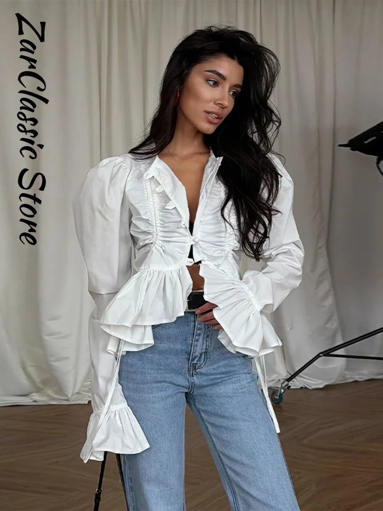 Fashion Street Ruffle Women's Blouse Solid Single Breasted Full Sleeve Pleated Cropped Shirt Lady New Casual Spring Clothing