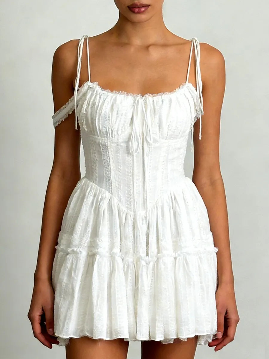 TWOTWINSTYLE Solid Spliced Embroidery Sweet Dresses for Women Square Neck Sleeveless High Waist Patchwork Strap Dress Female New