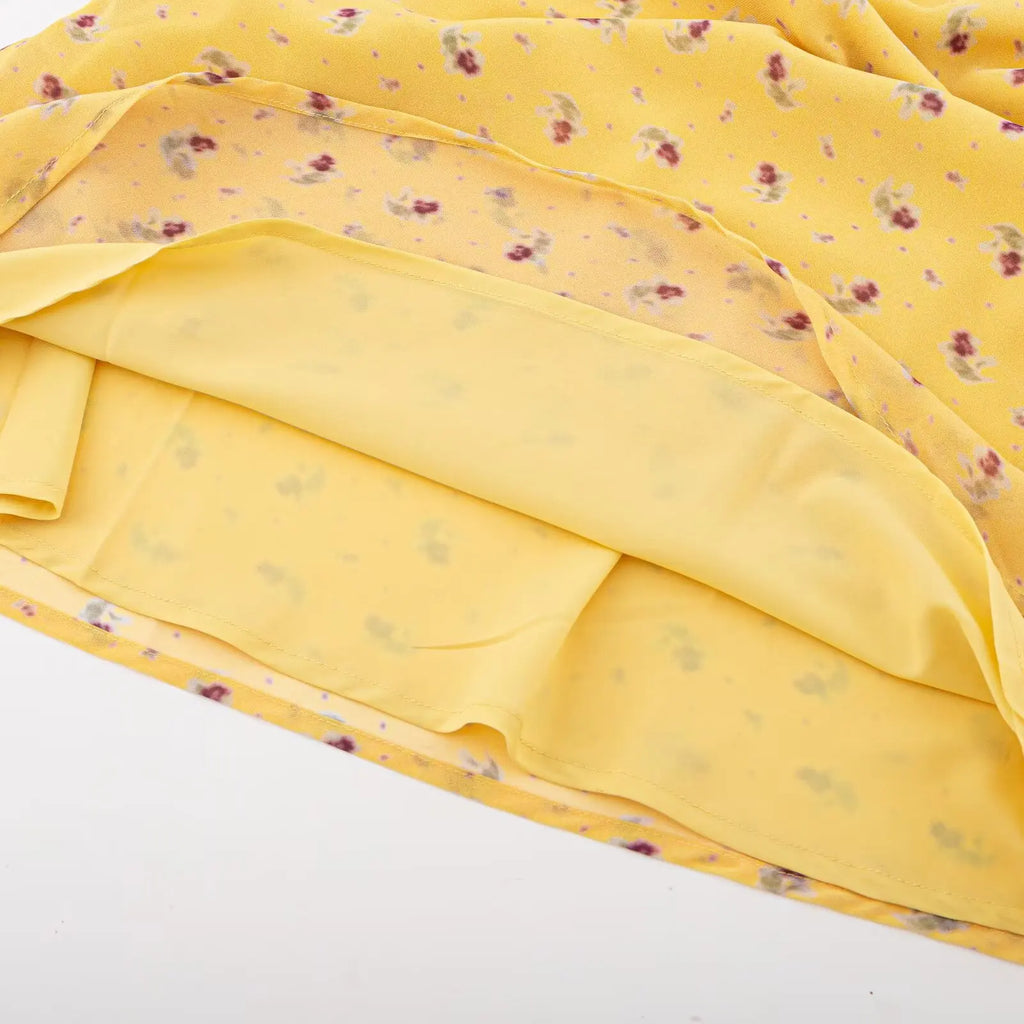 2026 Summer Women Yellow Floral Print V neck Ruffles Strap Sling Dress Slim Waist Side Zipper A-lined Short Tank Dresses Robe