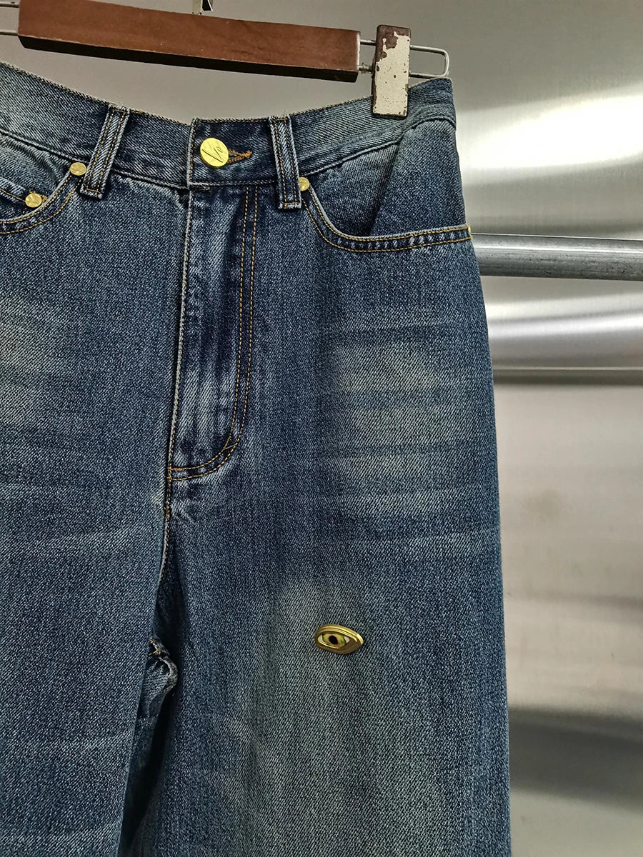 TWOTWINSTYLE Loose Spliced Metal Decoration Versatile Jeans for Women High Waist Casual Wide Leg Jean Female Fashion Clothes New