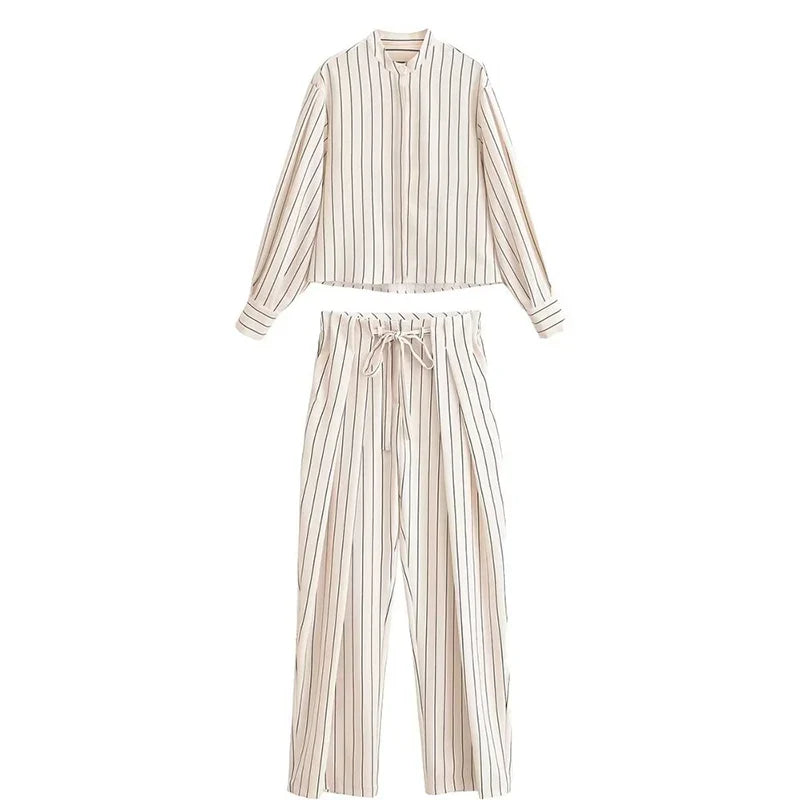 YENKYE Minimalist Striped Shirt For Women Stand Collar Long Sleeve Button Up Blouse Elegant Work Wear