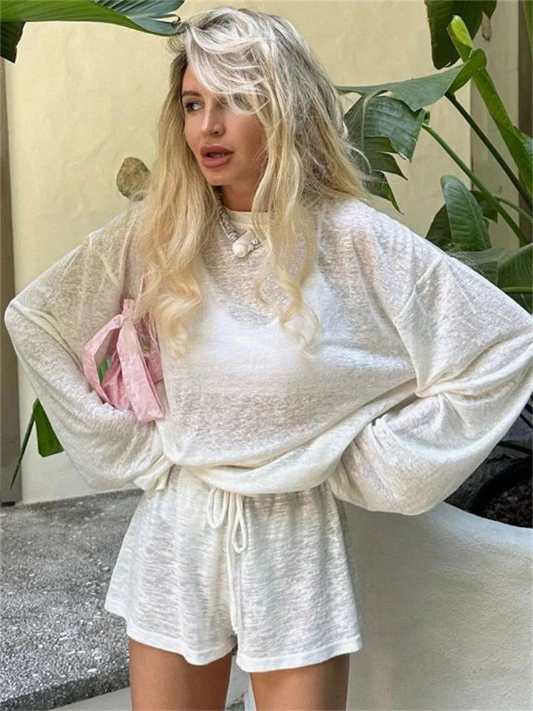 Tossy Casual White 2 Piece-Set Shorts Women Long Sleeve Loose Lace-Up Solid Pullover Top And High Waist Spring Shorts Outfits