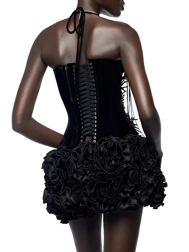 VC Structured Flowers Skirt Two Piece Set Halter Floral Black Red Corset Top With Mini Skirt Lace-up Suit Celebrity Party Wear