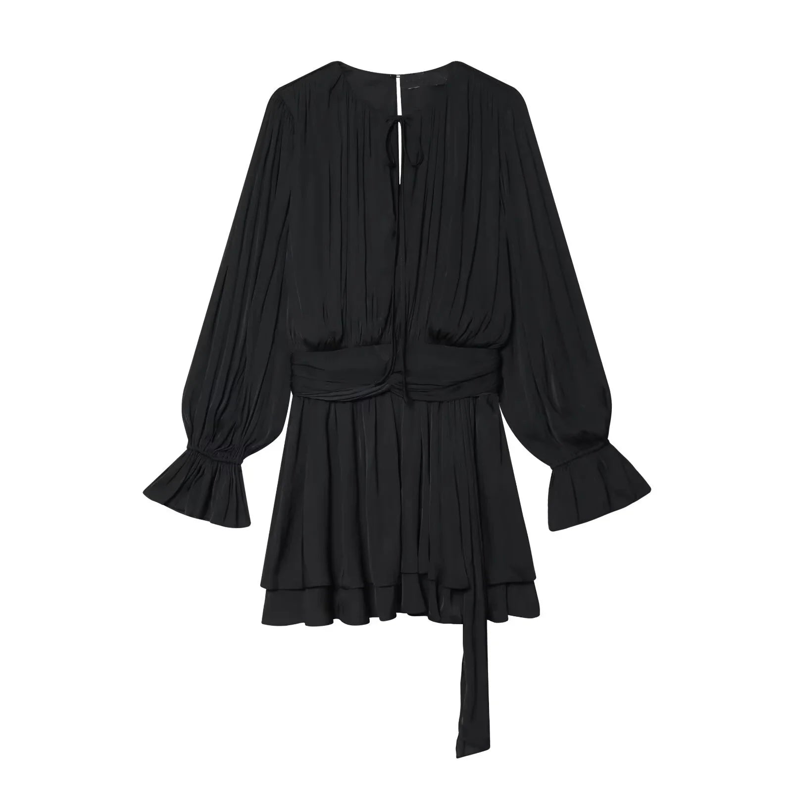 YENKYE New 2026 Women Pleated Satin Mini Dress Long Sleeve Spring Vestidos Casual Outings