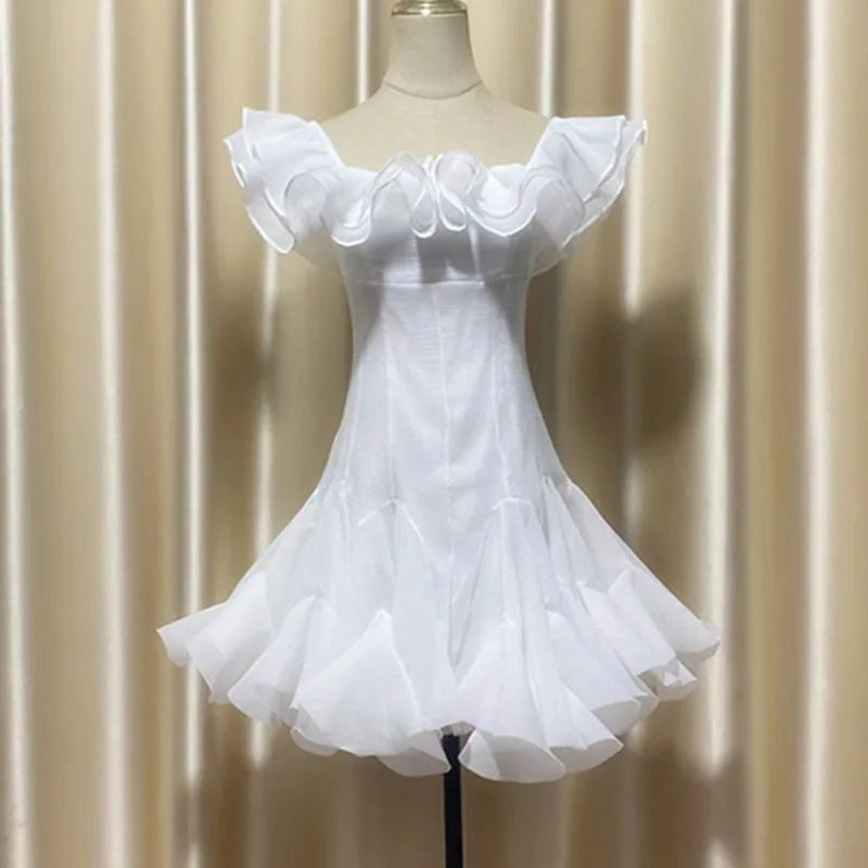 IEQJ Fashion Women Dress Sleeveless Slash Neck Solid Color Lotus Leaf Edge Design Female Party Dresses New Tide 3QW1205