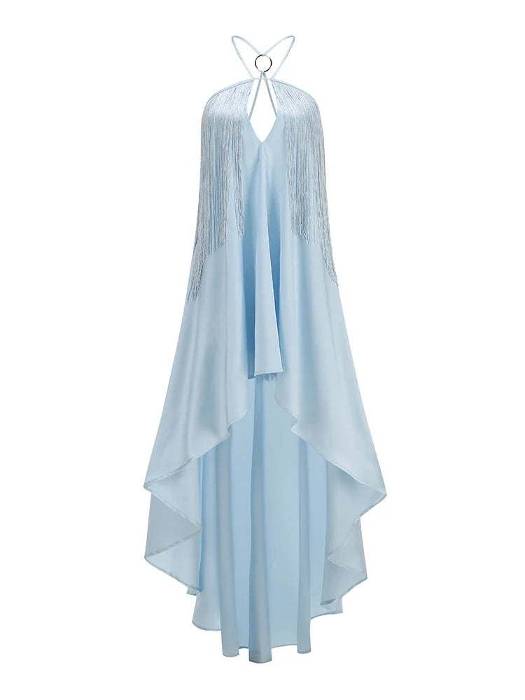 Sexy Halter Neck Tassel Hollow Out Long Dress Women Blue Sleeveless Backless Fringes Loose Dresses Evening Cocktail Party Gowns