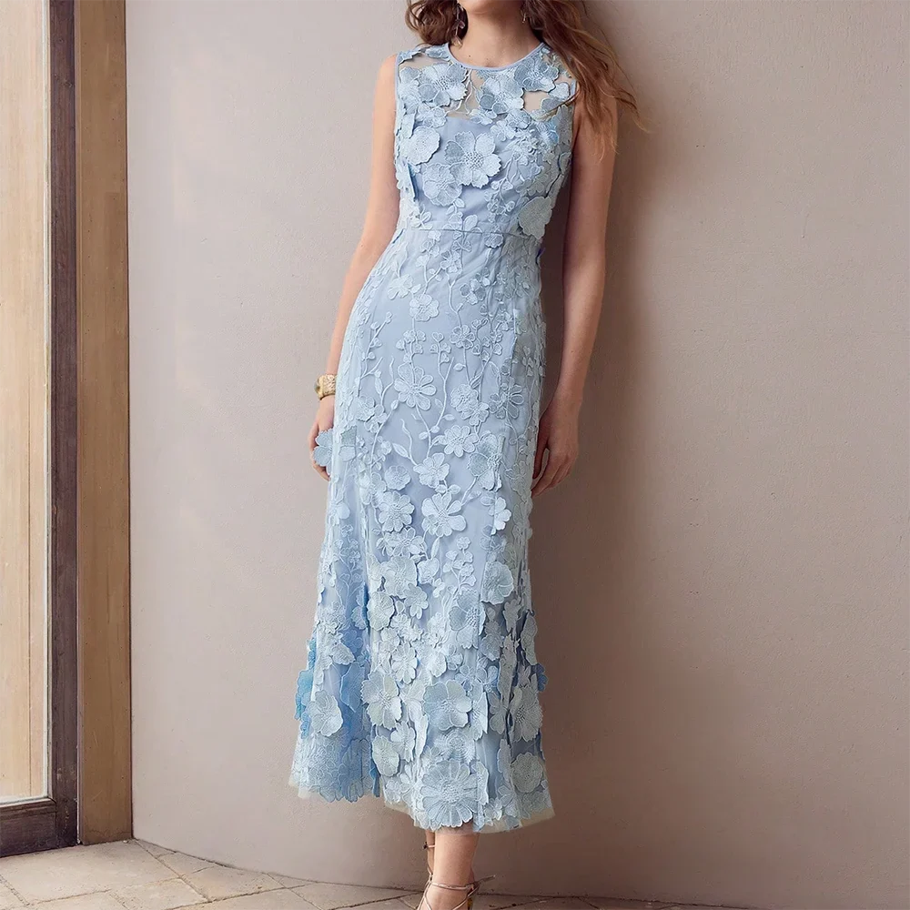 TWOTWINSTYLE Spliced Appliques Elegant Long Dresses for Women Round Neck Sleeveless High Waist Dress Female Fashion Style New