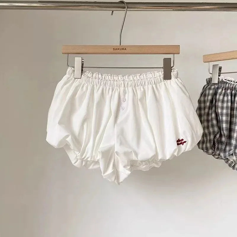 Womens Plaid Bubble Shorts Elastic Waist Bloomer Shorts Casual Short Pants Summer Streetwear