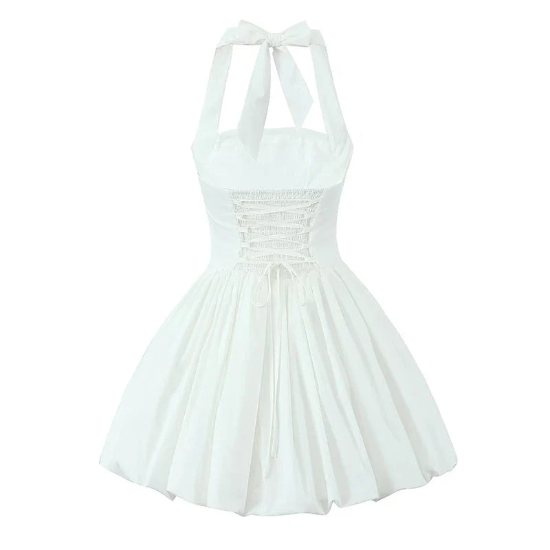 YENKYE Sexy Backless Pleated Hem Halter Ball Gown Dress Women Lace Up Back White Black Elegant Party Mini Dresses Summer Robe