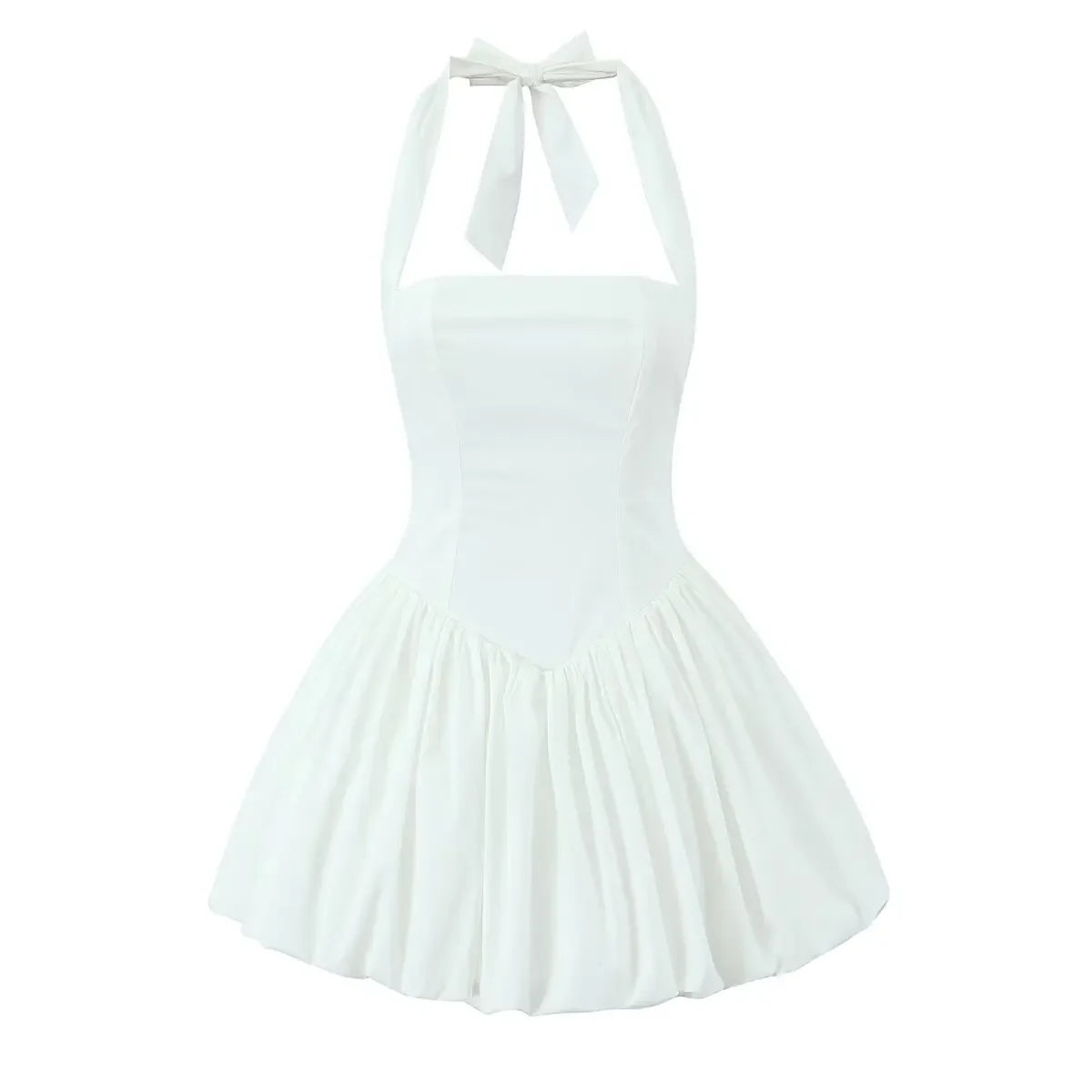 YENKYE Sexy Backless Pleated Hem Halter Ball Gown Dress Women Lace Up Back White Black Elegant Party Mini Dresses Summer Robe