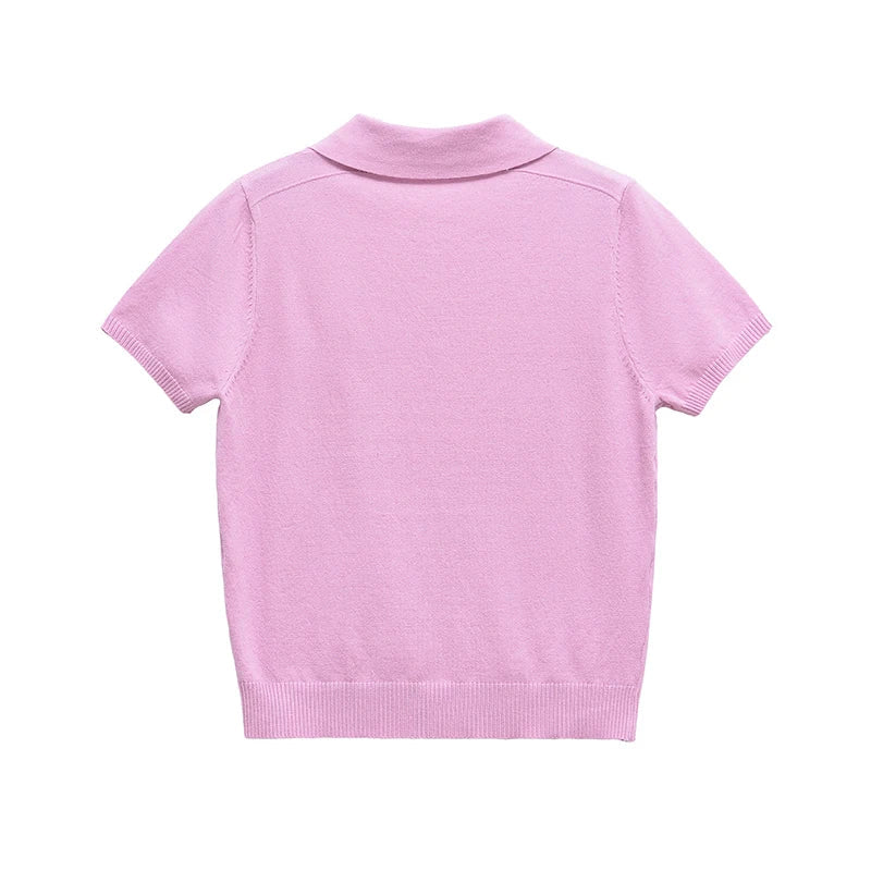 YENKYE New 2025 Women Basic Jersey Polo Collar T Shirt Short Sleeve Front Button Rib Trim Tees Spring Summer Crop Top